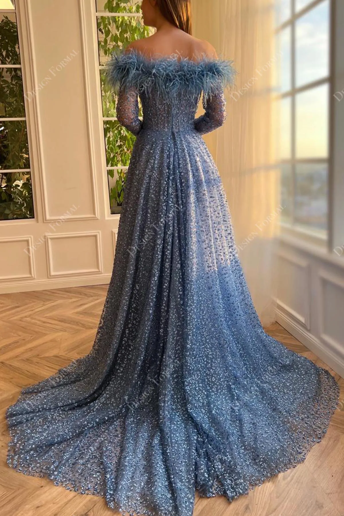 Feathered Off-shoulder Custom Dusty Blue Sparkly Slit A-line Dress