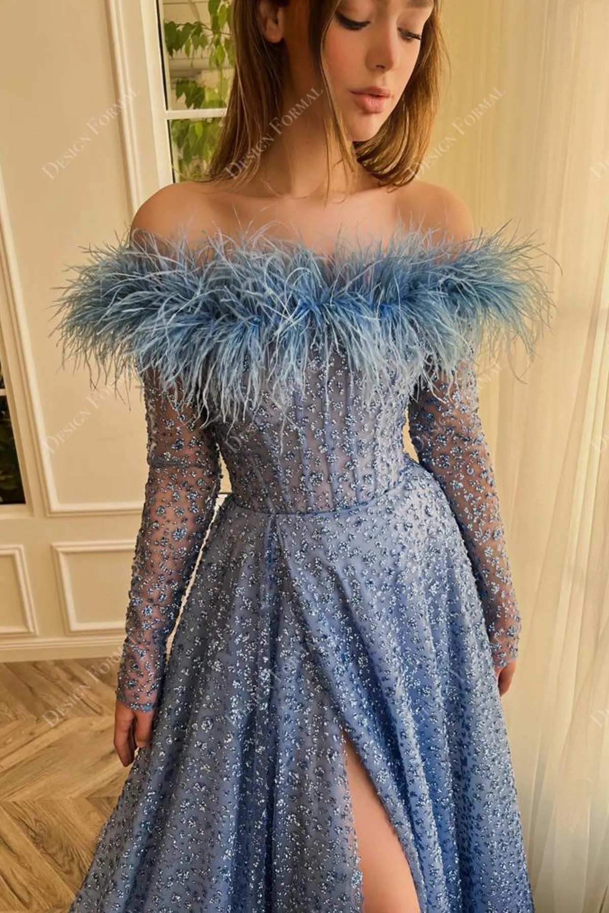 Feathered Off-shoulder Custom Dusty Blue Sparkly Slit A-line Dress
