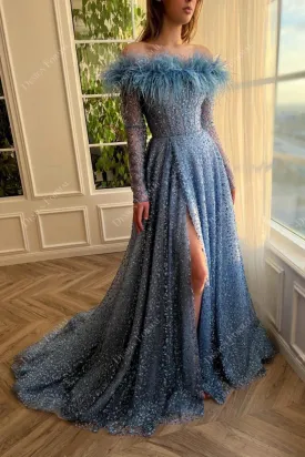 Feathered Off-shoulder Custom Dusty Blue Sparkly Slit A-line Dress