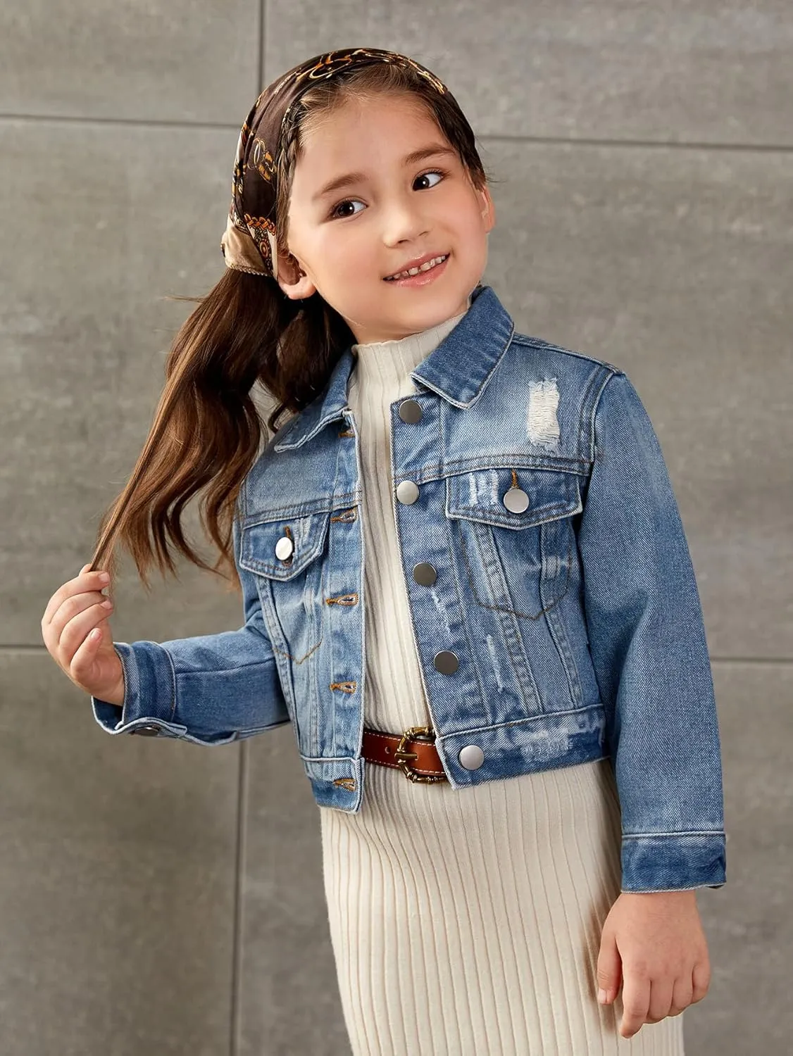 Floerns Girl's Vintage Basic Distressed Long Sleeve Single Breasted Crop Top Denim Jacket