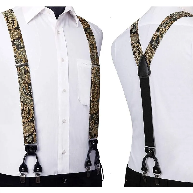 Floral Paisley Suspender Bow Tie Handkerchief - 1-GOLD/BROWN