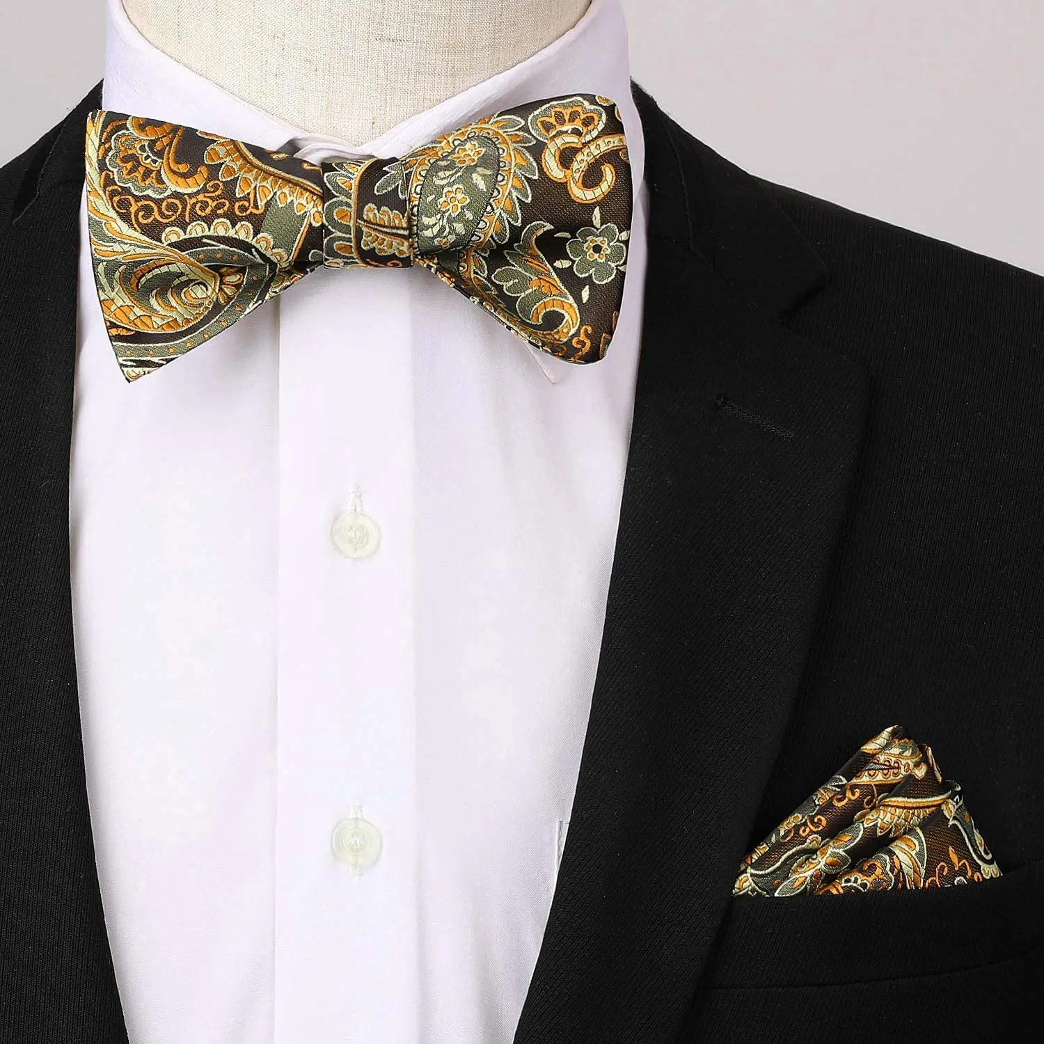 Floral Paisley Suspender Bow Tie Handkerchief - 1-GOLD/BROWN