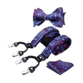 Floral Paisley Suspender Bow Tie Handkerchief - 9-BLUE/PURPLE/WHITE