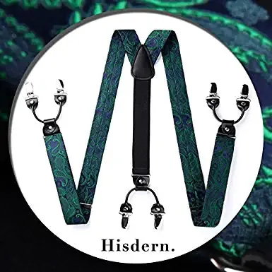 Floral Paisley Suspender Pre-Tied Bow Tie Handkerchief - 9-GREEN/NAVY BLUE 02
