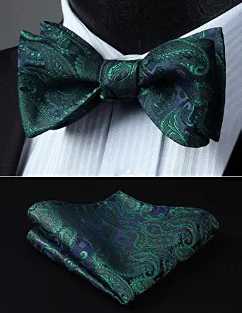 Floral Paisley Suspender Pre-Tied Bow Tie Handkerchief - 9-GREEN/NAVY BLUE 02