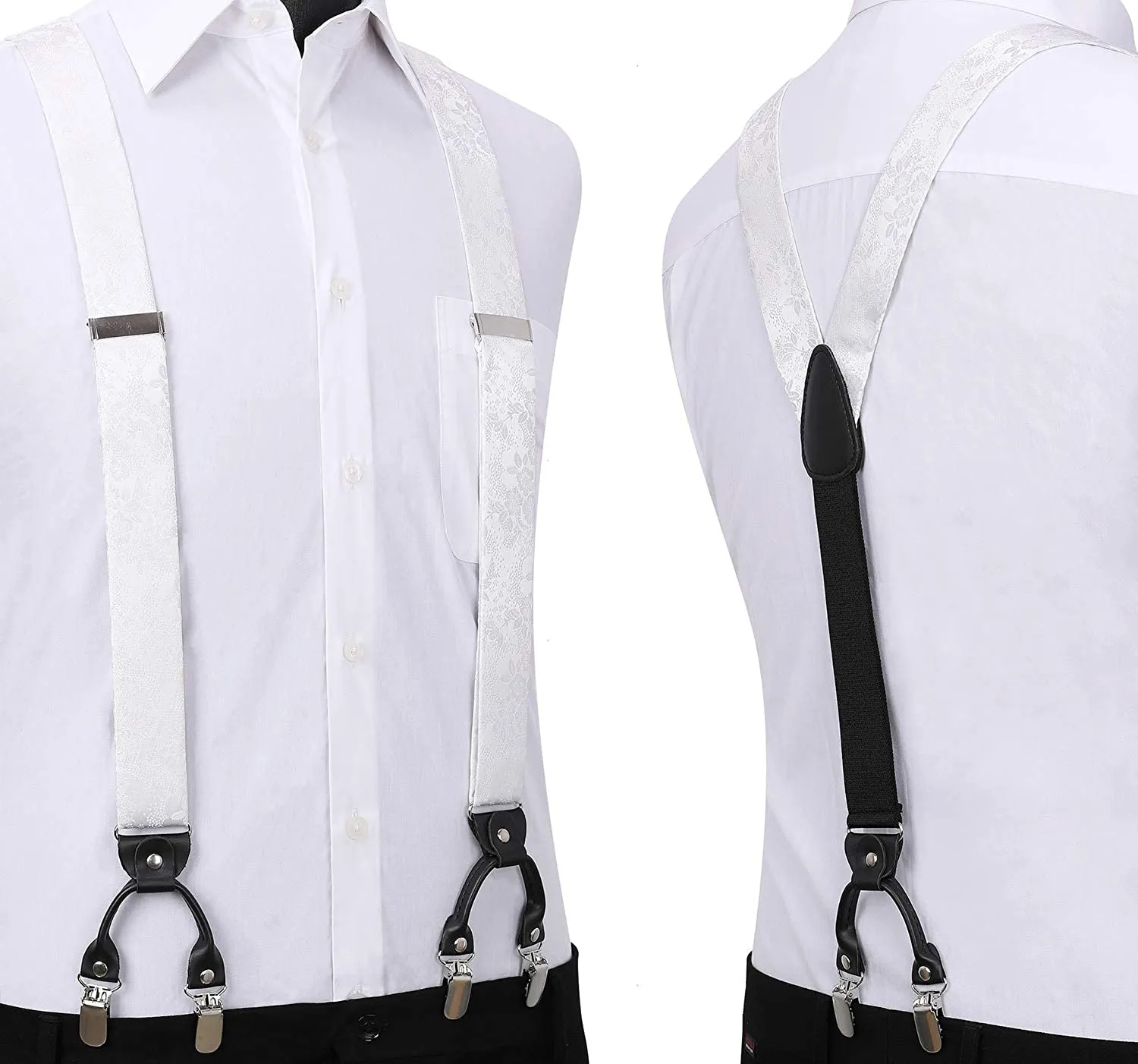 Floral Suspender Pre-Tied Bow Tie Handkerchief - A5-WHITE