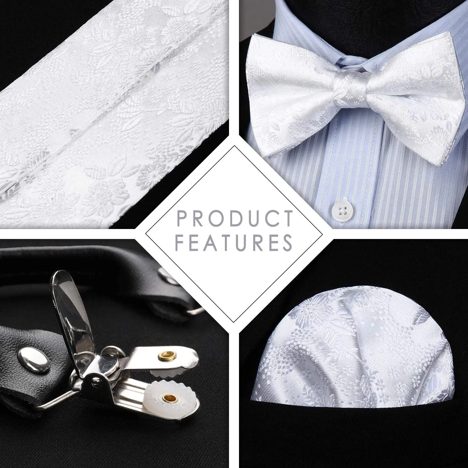 Floral Suspender Pre-Tied Bow Tie Handkerchief - A5-WHITE