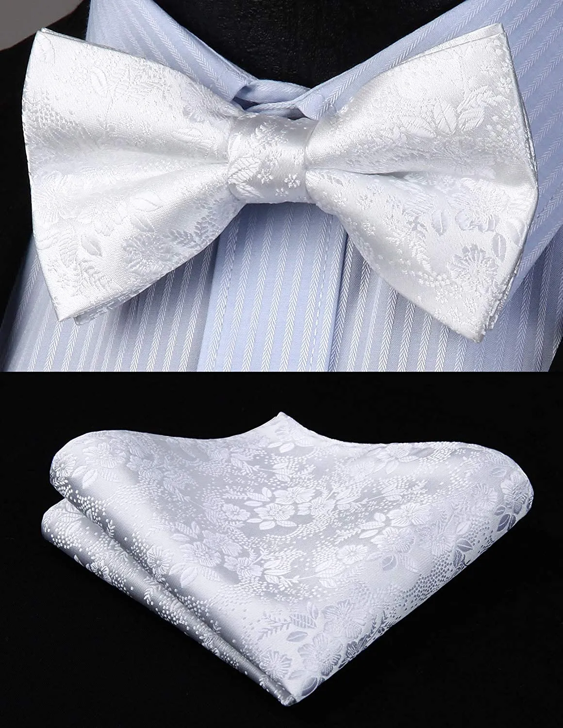 Floral Suspender Pre-Tied Bow Tie Handkerchief - A5-WHITE