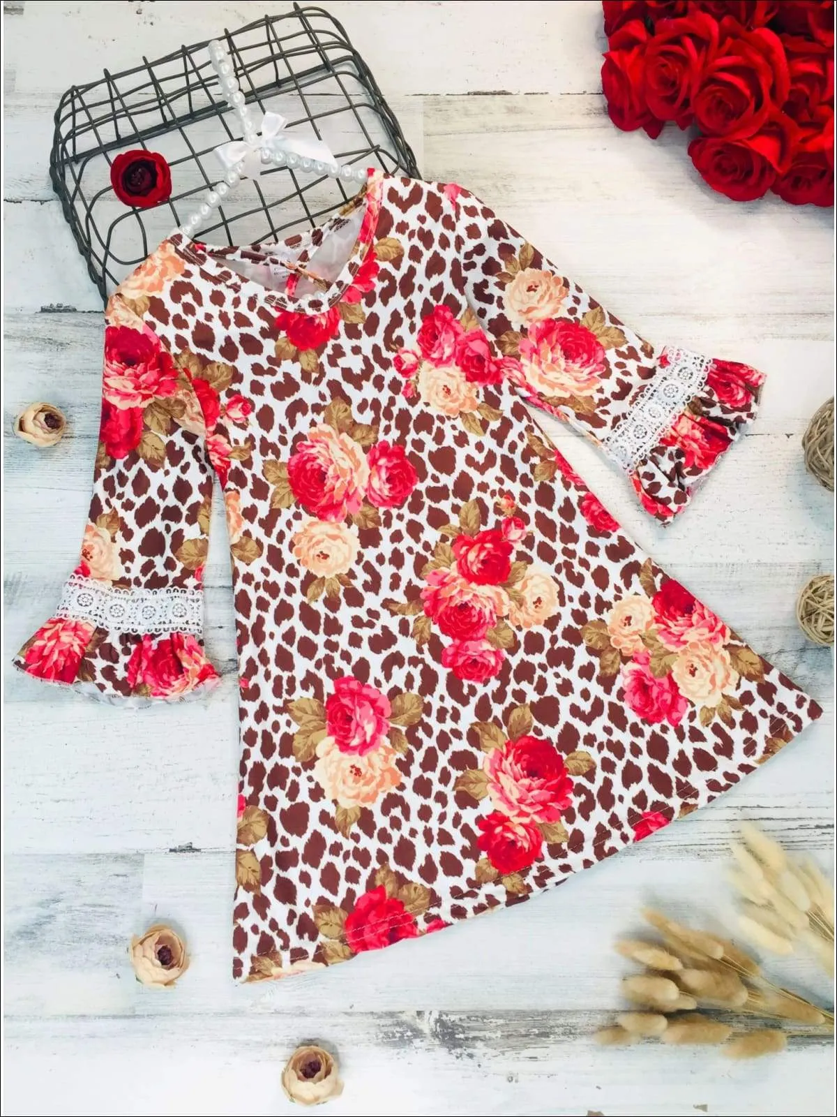 Girls Animal Print Floral Crochet Ruffled Long Sleeve Dress