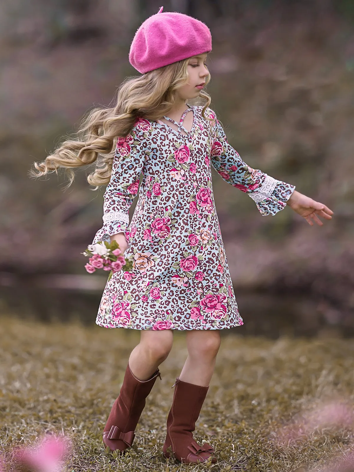 Girls Animal Print Floral Crochet Ruffled Long Sleeve Dress