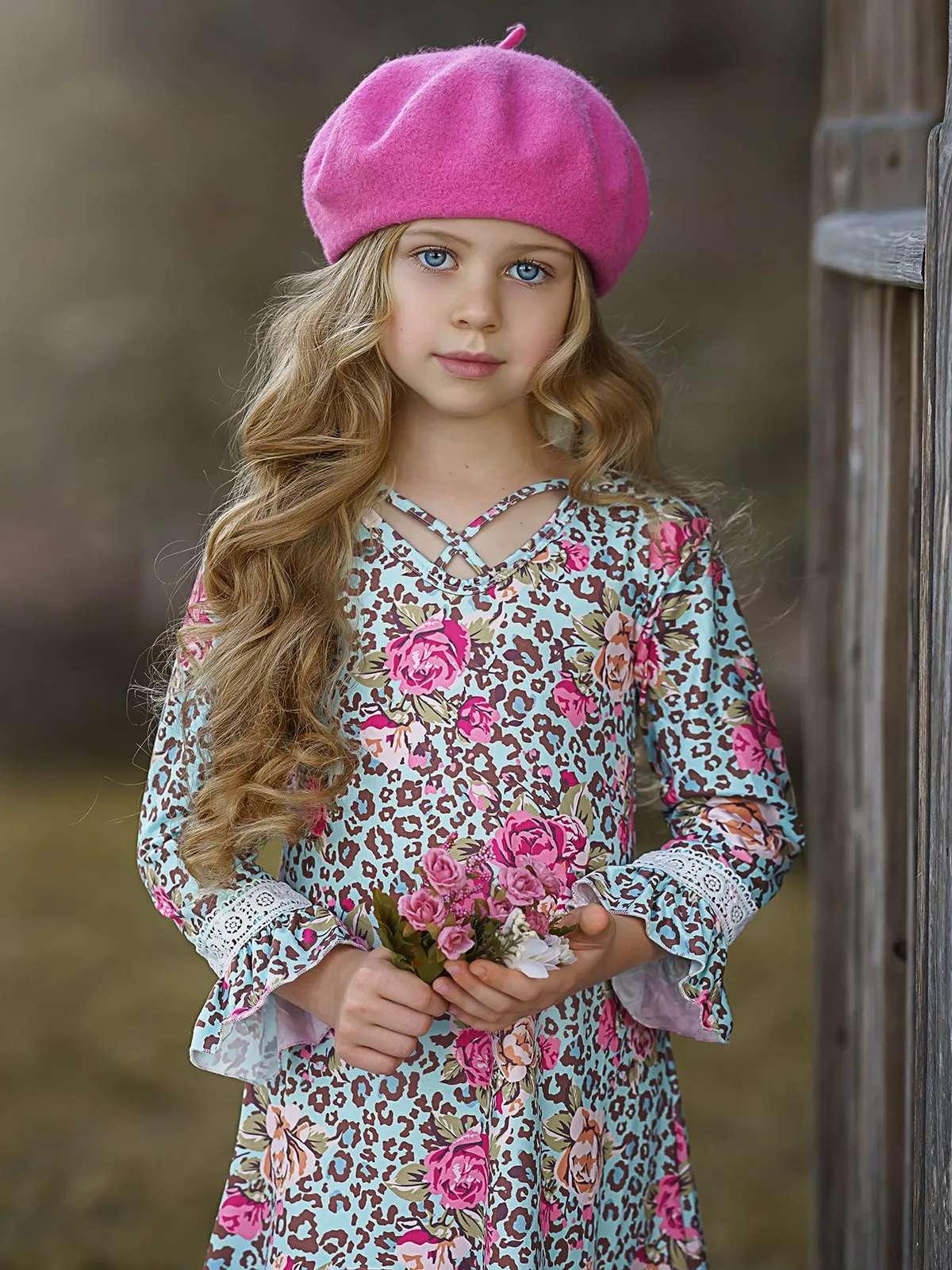 Girls Animal Print Floral Crochet Ruffled Long Sleeve Dress