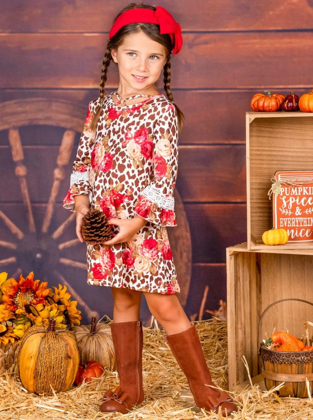 Girls Animal Print Floral Crochet Ruffled Long Sleeve Dress