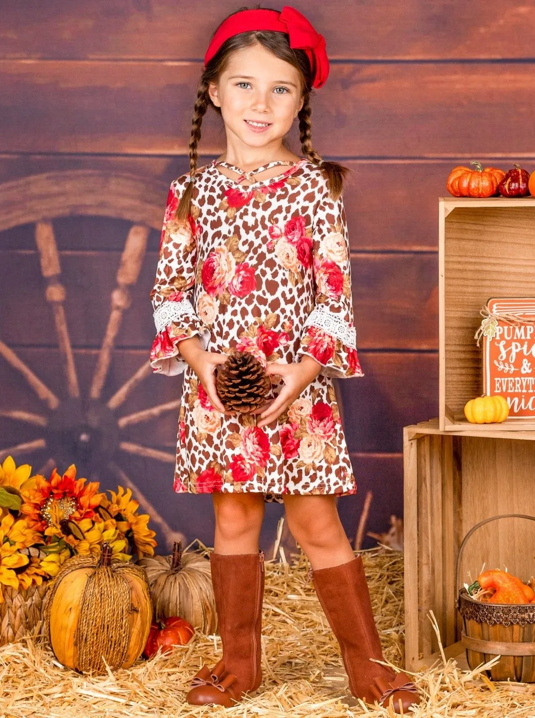 Girls Animal Print Floral Crochet Ruffled Long Sleeve Dress