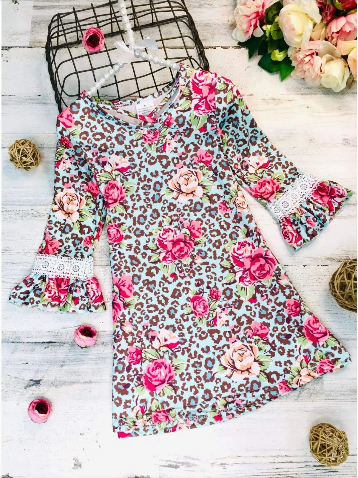 Girls Animal Print Floral Crochet Ruffled Long Sleeve Dress