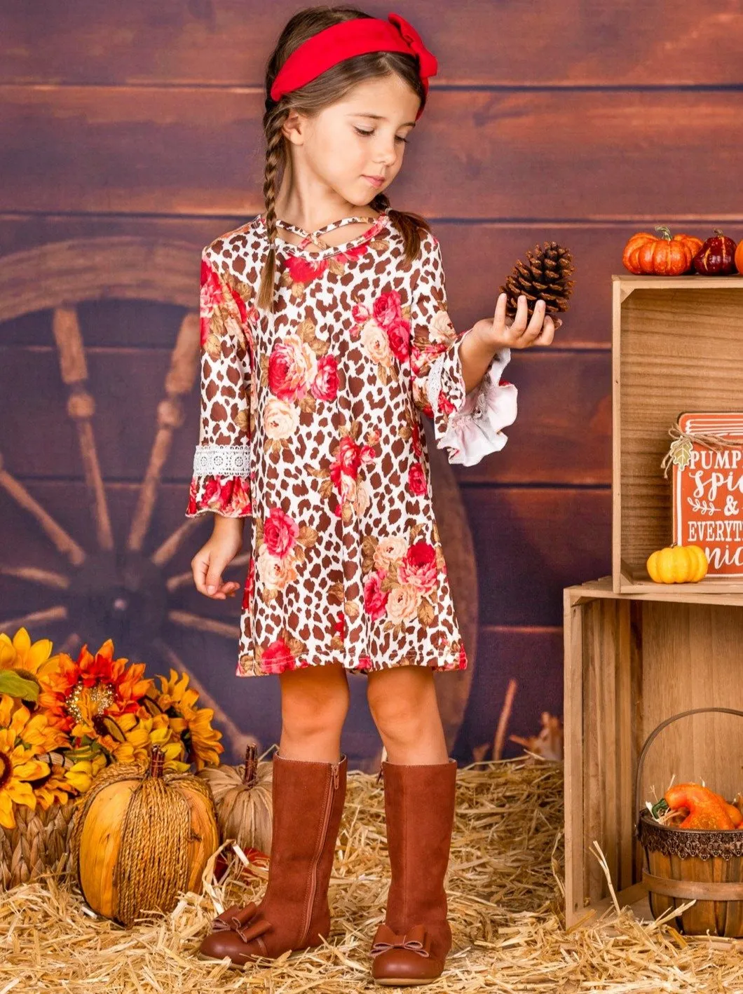 Girls Animal Print Floral Crochet Ruffled Long Sleeve Dress