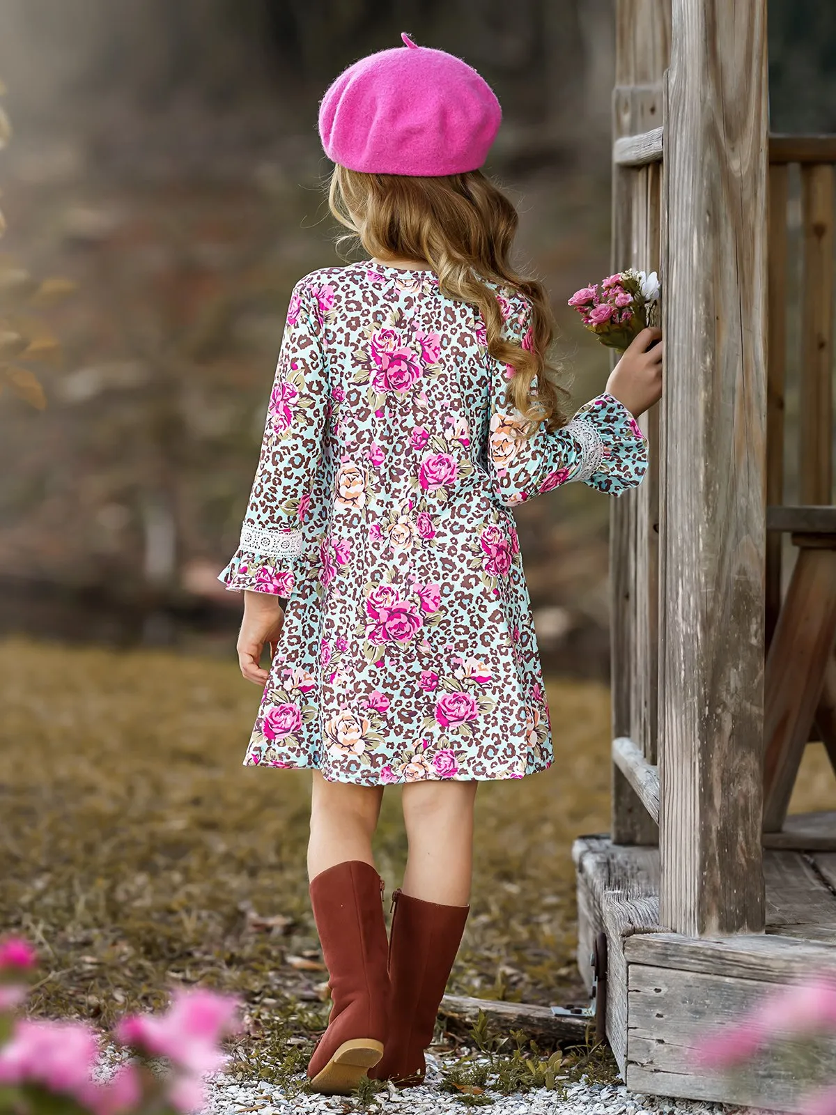 Girls Animal Print Floral Crochet Ruffled Long Sleeve Dress