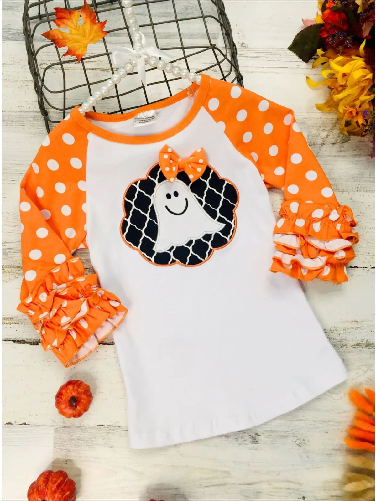 Girls Ghost Bow Print Long Ruffled Polka Dot Raglan Sleeve Top