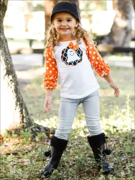 Girls Ghost Bow Print Long Ruffled Polka Dot Raglan Sleeve Top