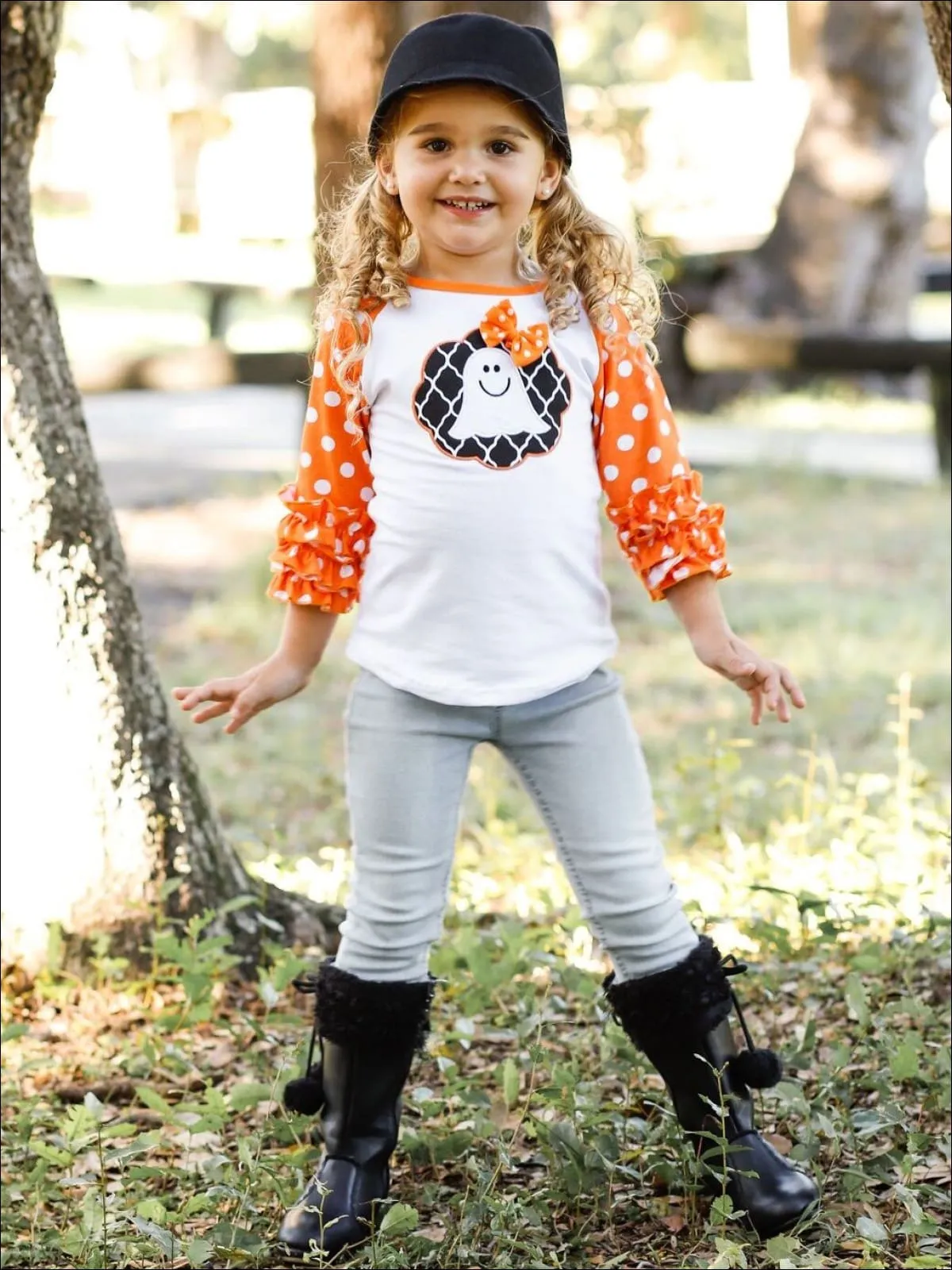 Girls Ghost Bow Print Long Ruffled Polka Dot Raglan Sleeve Top