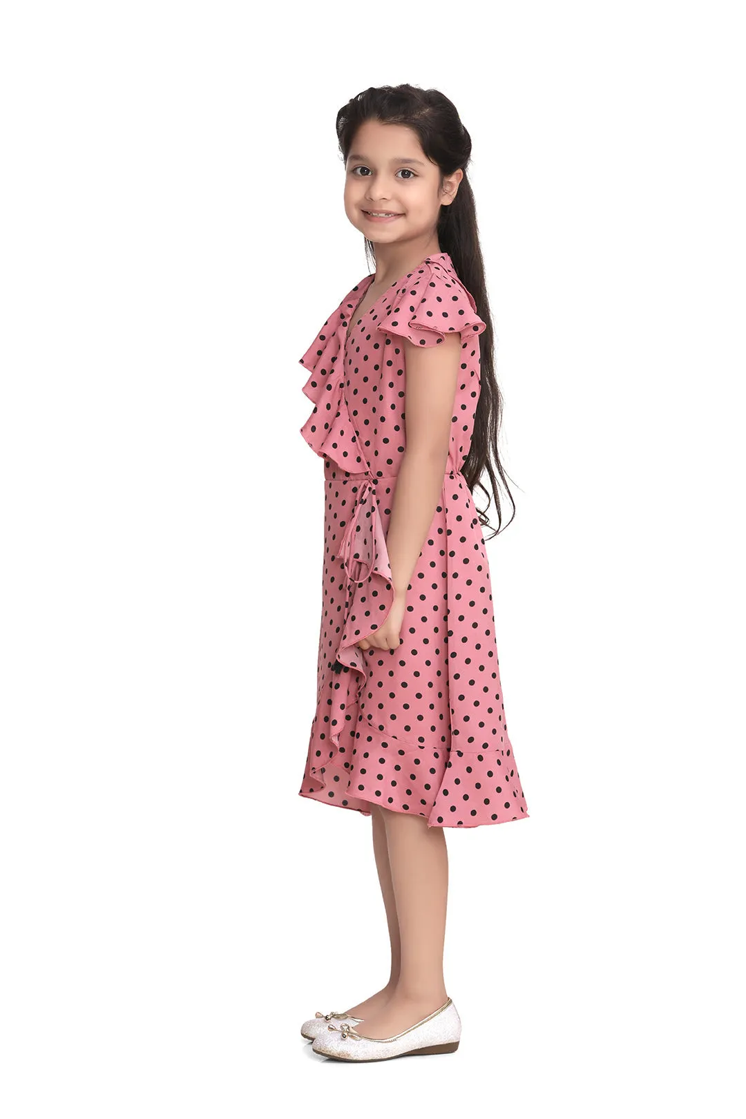 Girl's Pink Polka Dot Polyester Crepe Dress With Ruffle - StyleStone Kid