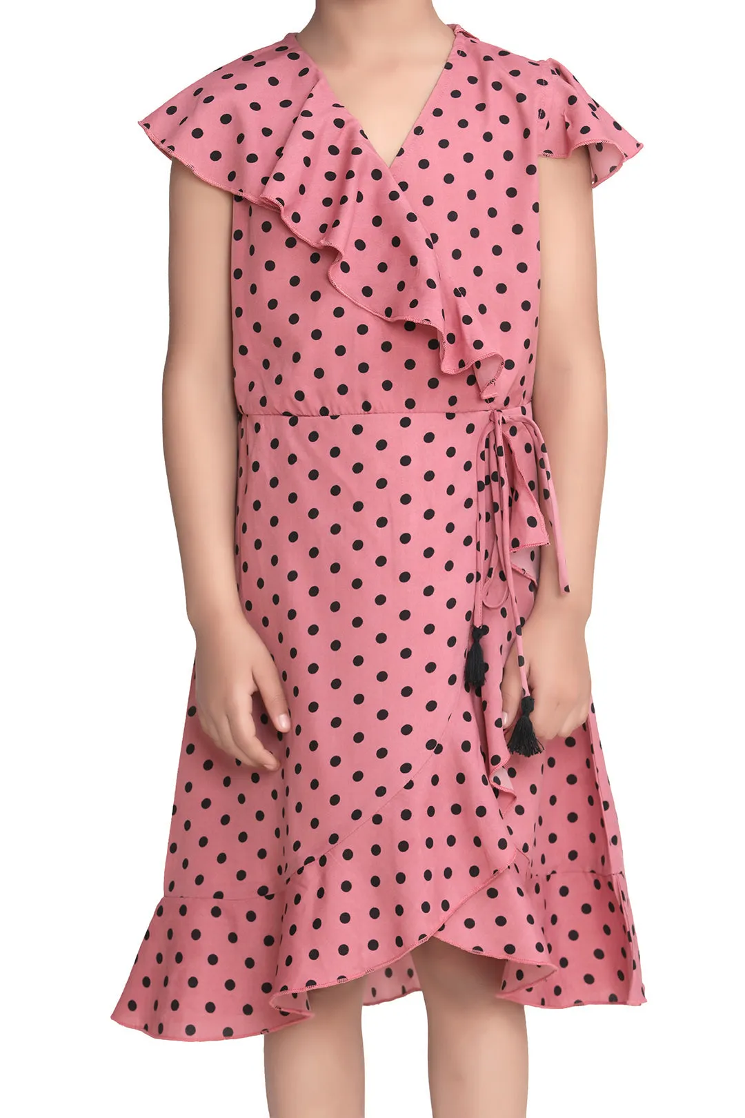 Girl's Pink Polka Dot Polyester Crepe Dress With Ruffle - StyleStone Kid