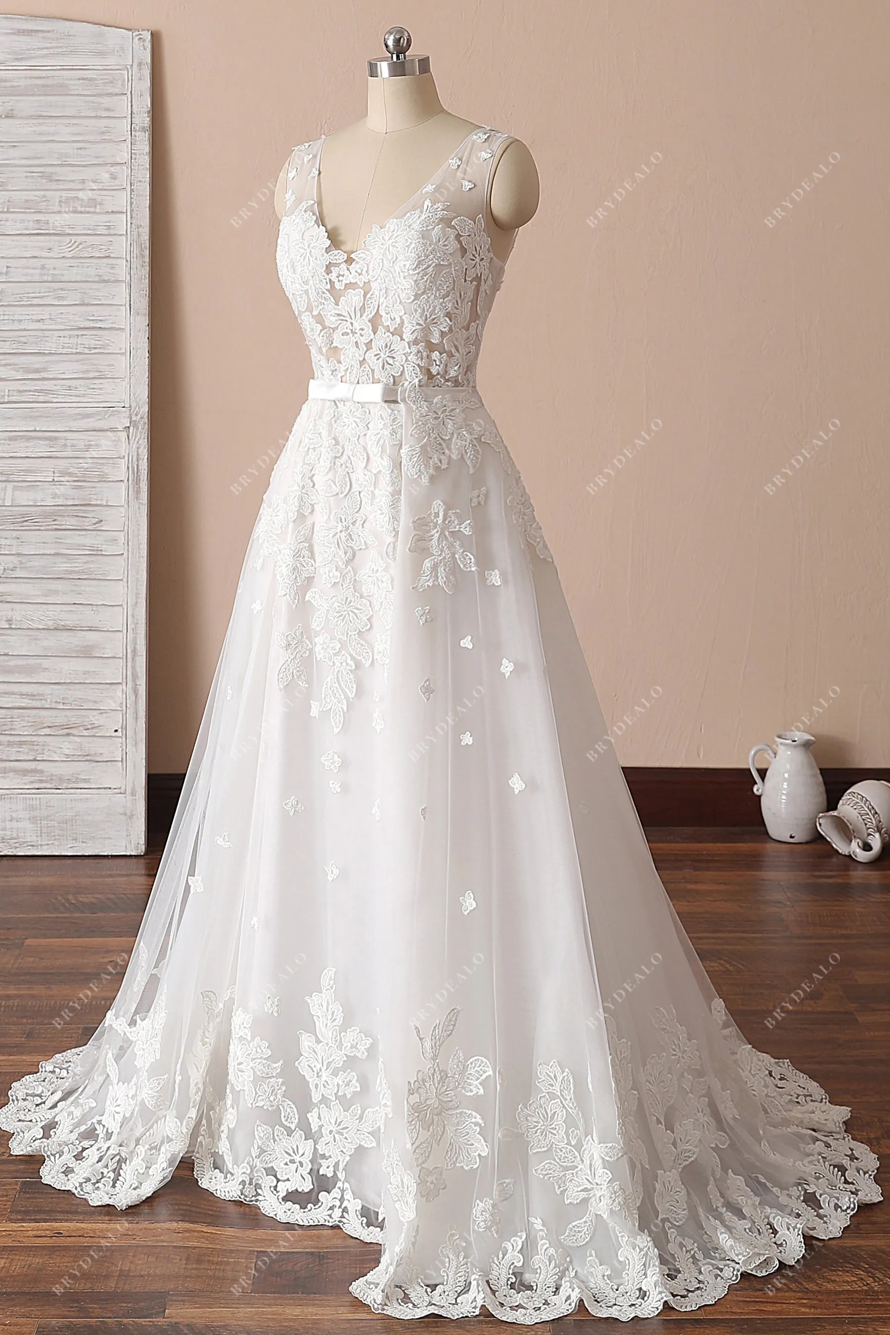 Gorgeous Lace V-neck Modern Mermaid Bridal Gown with Overskirt
