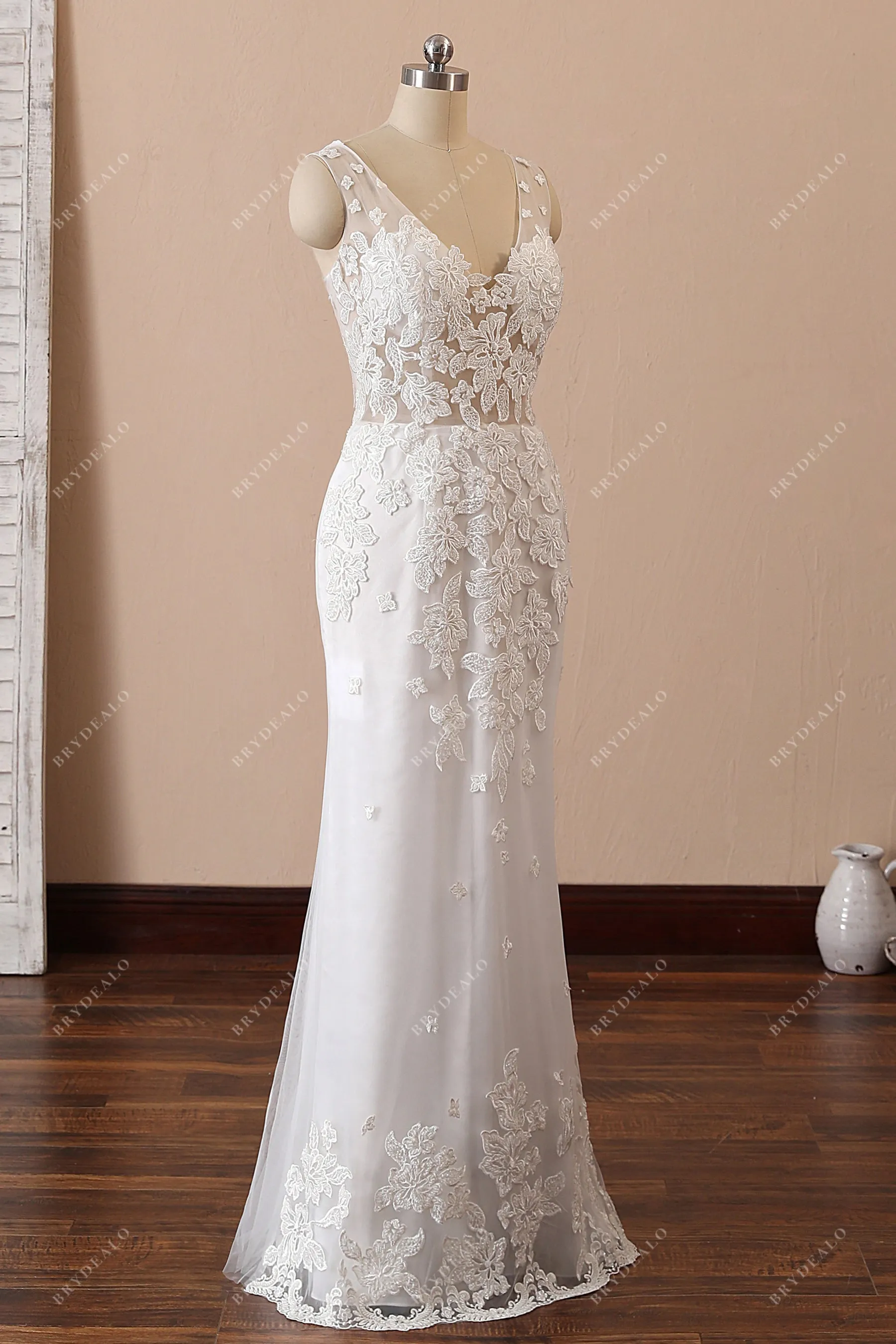 Gorgeous Lace V-neck Modern Mermaid Bridal Gown with Overskirt