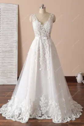Gorgeous Lace V-neck Modern Mermaid Bridal Gown with Overskirt