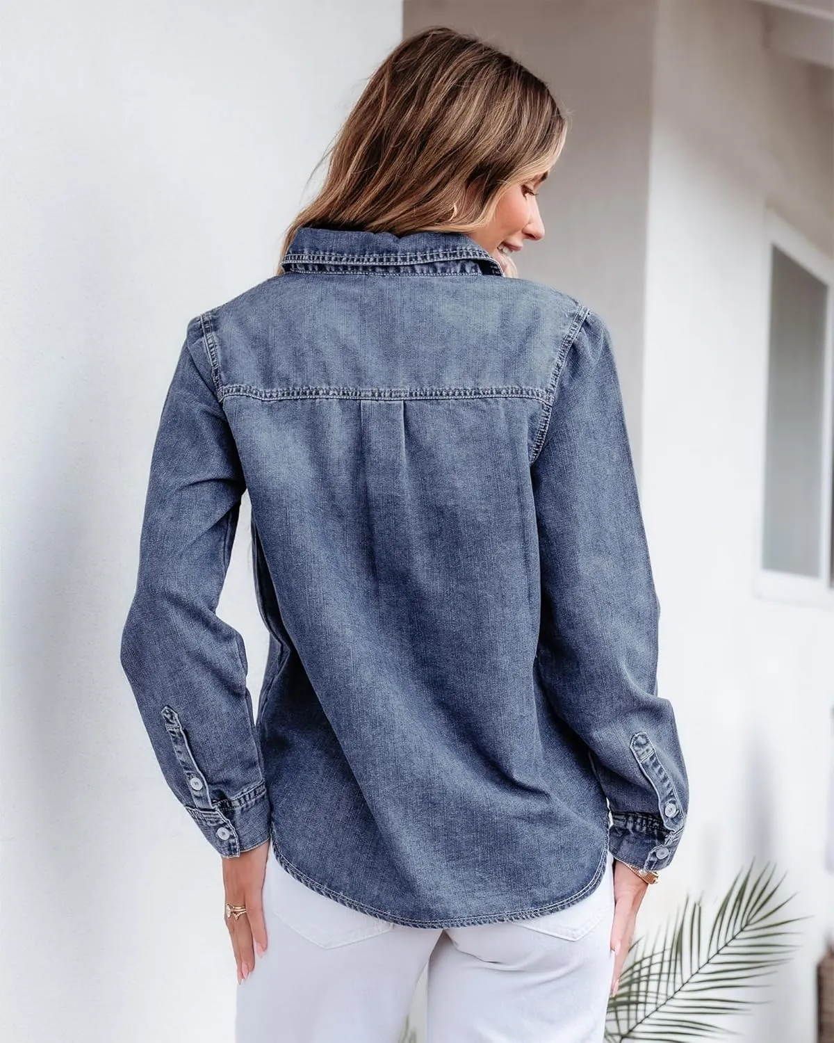 GRAPENT Denim Button Down Shirts for Women Long Sleeve Lightweight Western Relaxed Single Pocket Jean Shirt Shacket Top