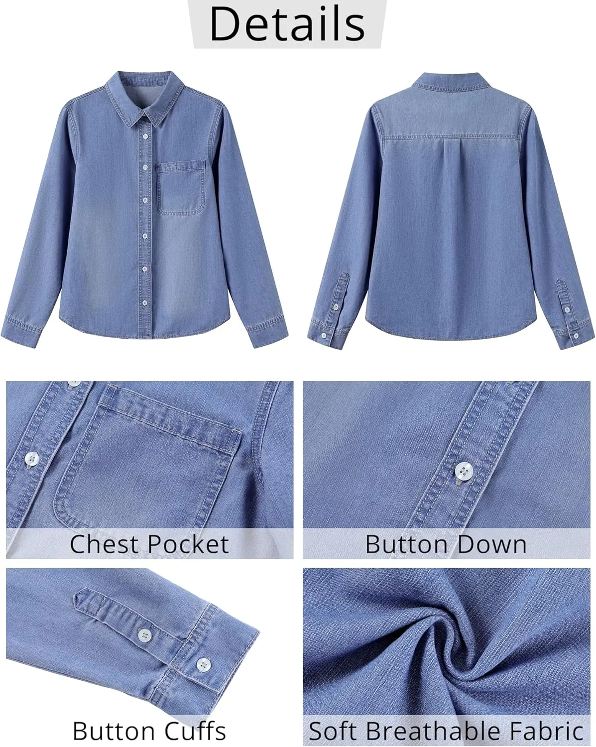 GRAPENT Denim Button Down Shirts for Women Long Sleeve Lightweight Western Relaxed Single Pocket Jean Shirt Shacket Top