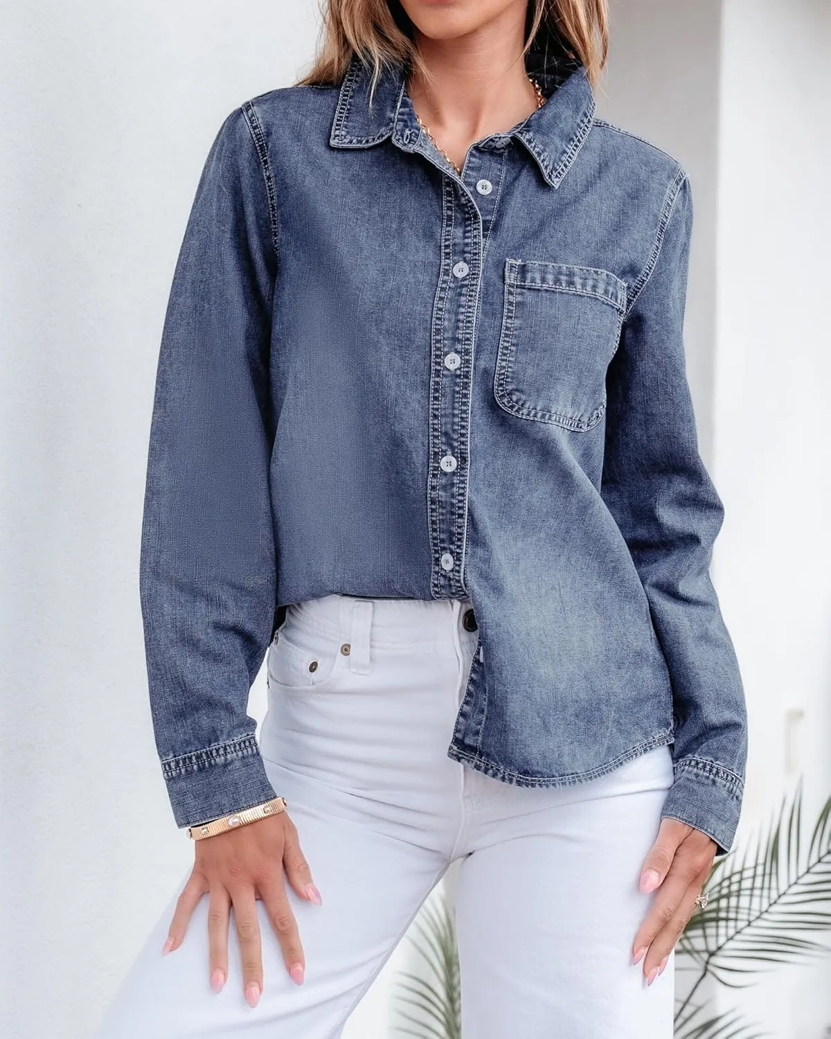 GRAPENT Denim Button Down Shirts for Women Long Sleeve Lightweight Western Relaxed Single Pocket Jean Shirt Shacket Top