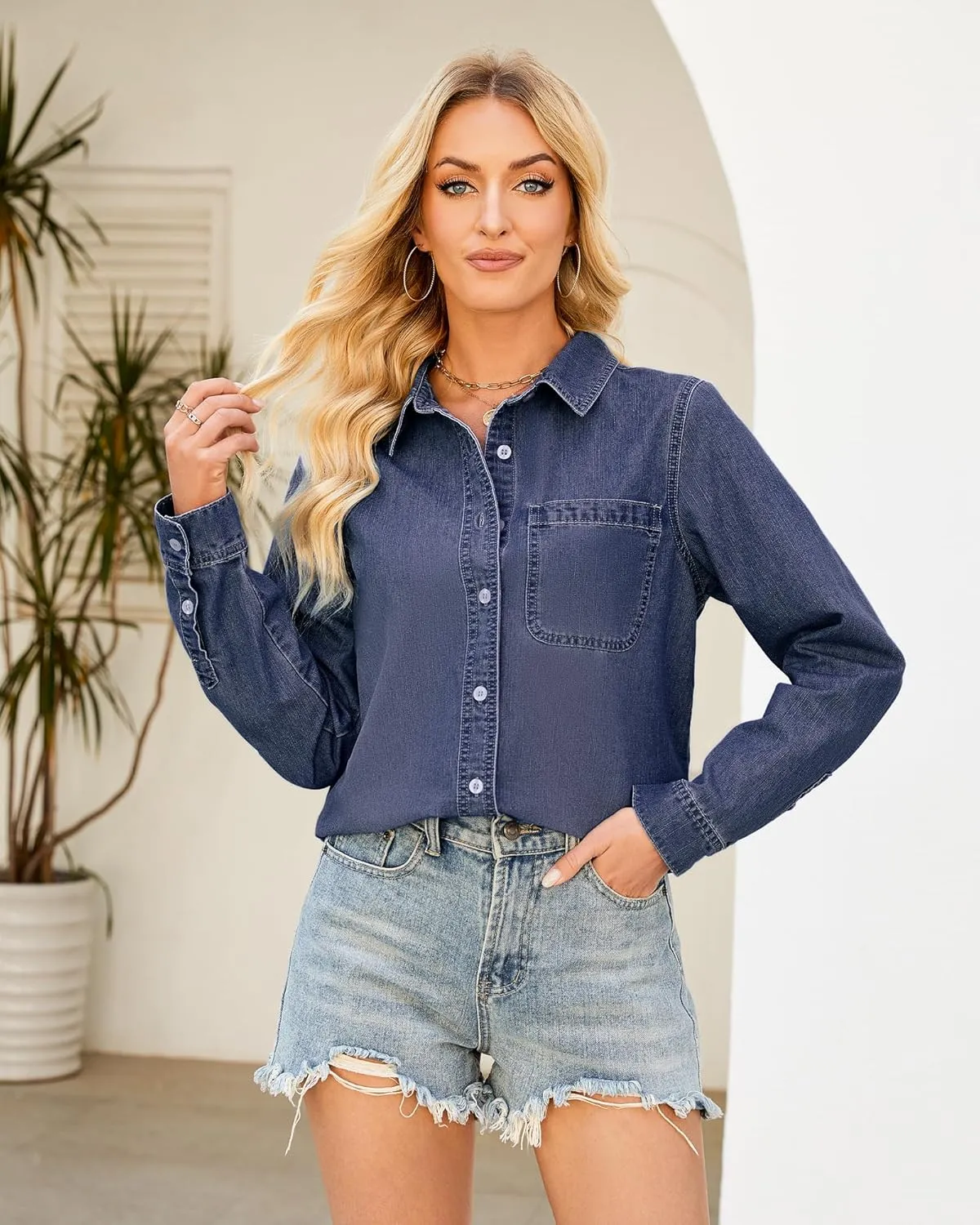 GRAPENT Denim Button Down Shirts for Women Long Sleeve Lightweight Western Relaxed Single Pocket Jean Shirt Shacket Top