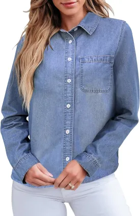 GRAPENT Denim Button Down Shirts for Women Long Sleeve Lightweight Western Relaxed Single Pocket Jean Shirt Shacket Top