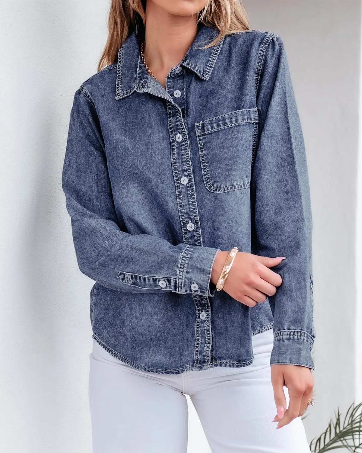 GRAPENT Denim Button Down Shirts for Women Long Sleeve Lightweight Western Relaxed Single Pocket Jean Shirt Shacket Top