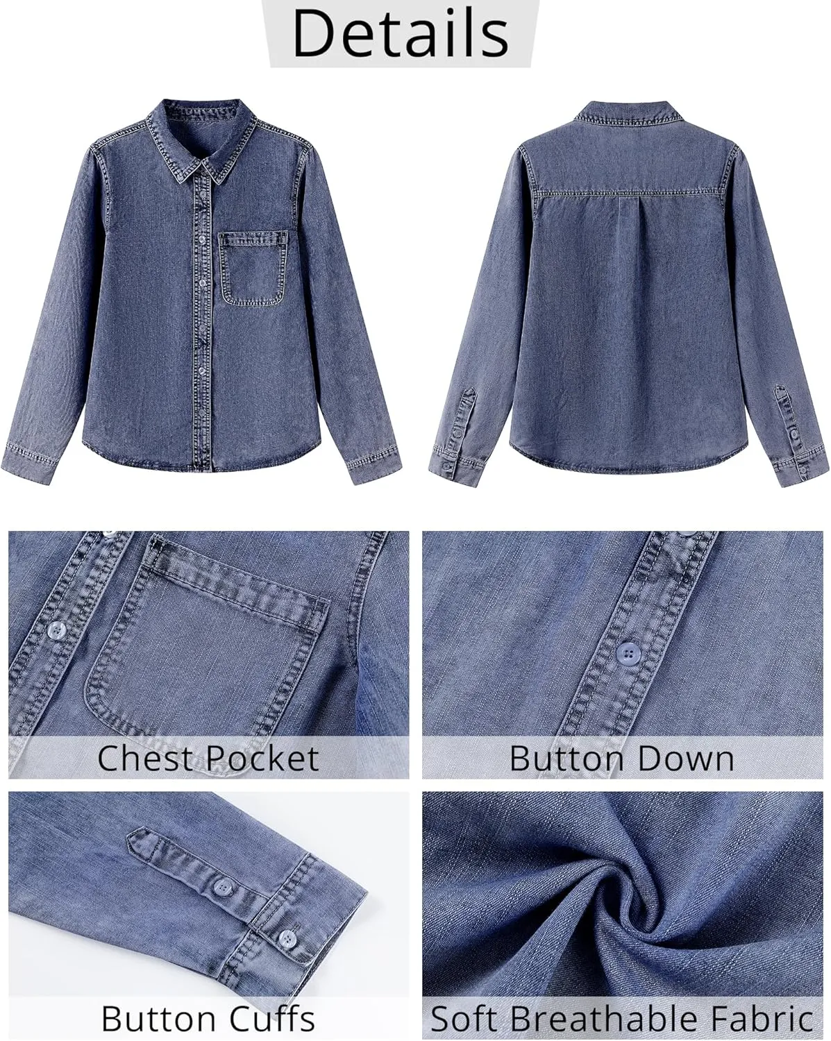 GRAPENT Denim Button Down Shirts for Women Long Sleeve Lightweight Western Relaxed Single Pocket Jean Shirt Shacket Top