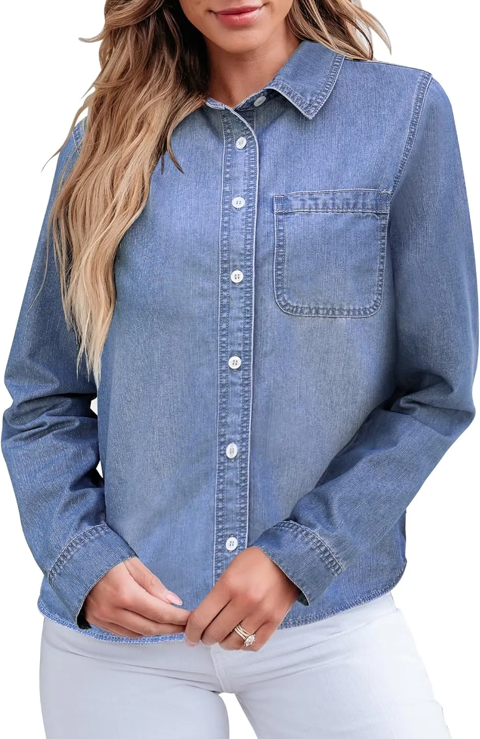 GRAPENT Denim Button Down Shirts for Women Long Sleeve Lightweight Western Relaxed Single Pocket Jean Shirt Shacket Top