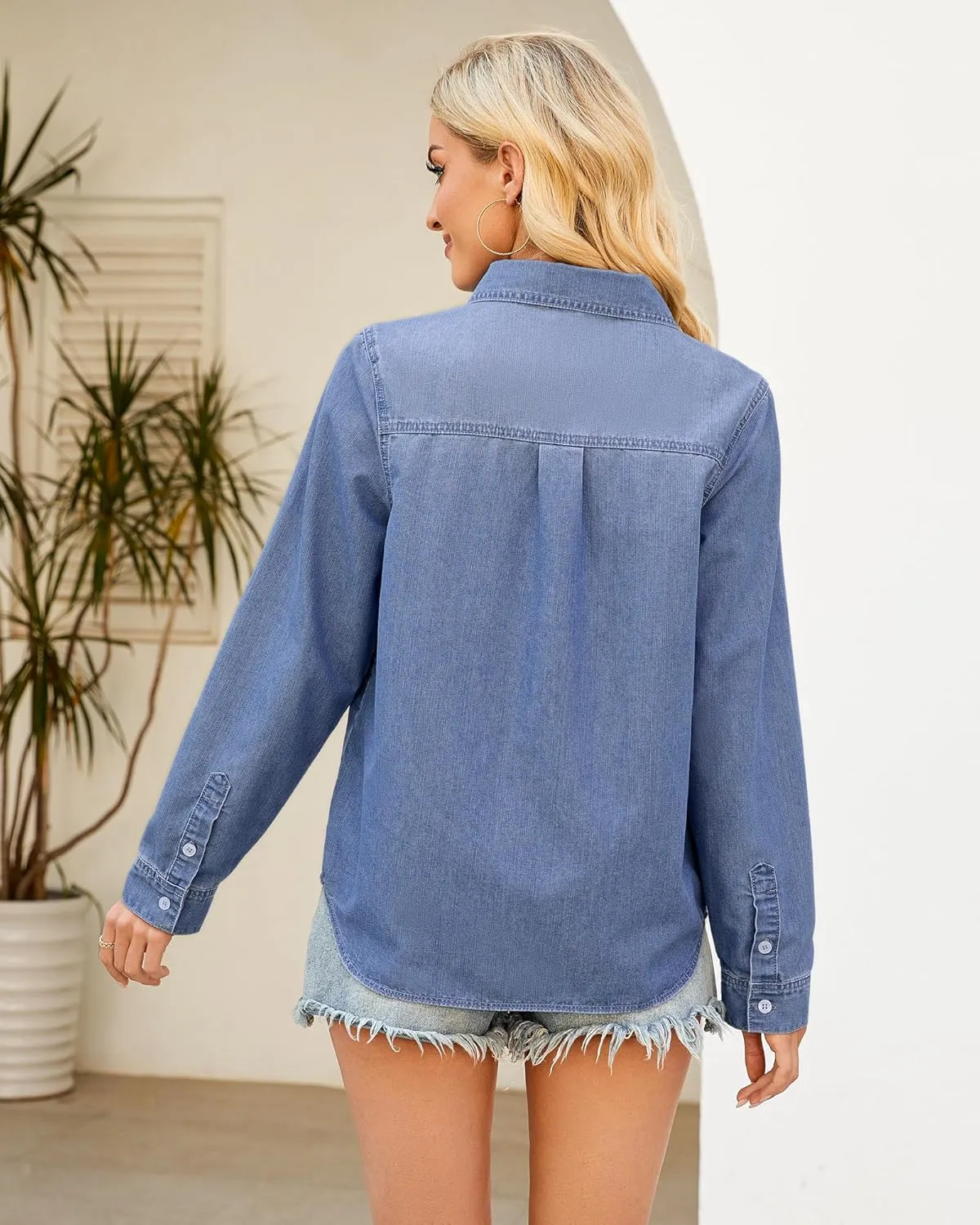 GRAPENT Denim Button Down Shirts for Women Long Sleeve Lightweight Western Relaxed Single Pocket Jean Shirt Shacket Top