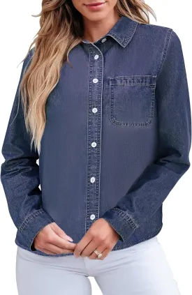 GRAPENT Denim Button Down Shirts for Women Long Sleeve Lightweight Western Relaxed Single Pocket Jean Shirt Shacket Top