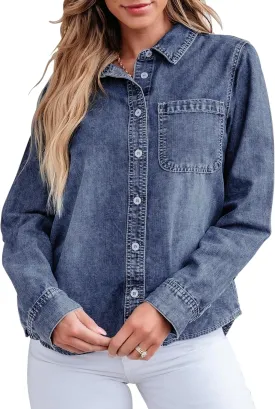 GRAPENT Denim Button Down Shirts for Women Long Sleeve Lightweight Western Relaxed Single Pocket Jean Shirt Shacket Top