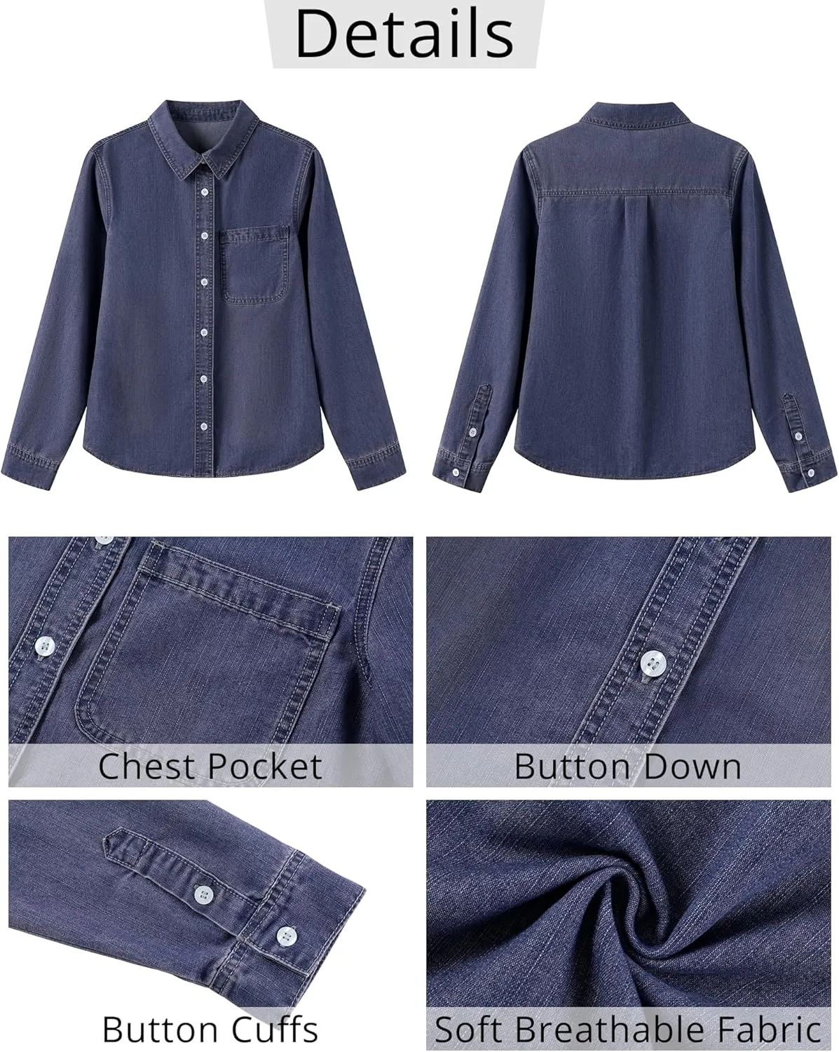 GRAPENT Denim Button Down Shirts for Women Long Sleeve Lightweight Western Relaxed Single Pocket Jean Shirt Shacket Top