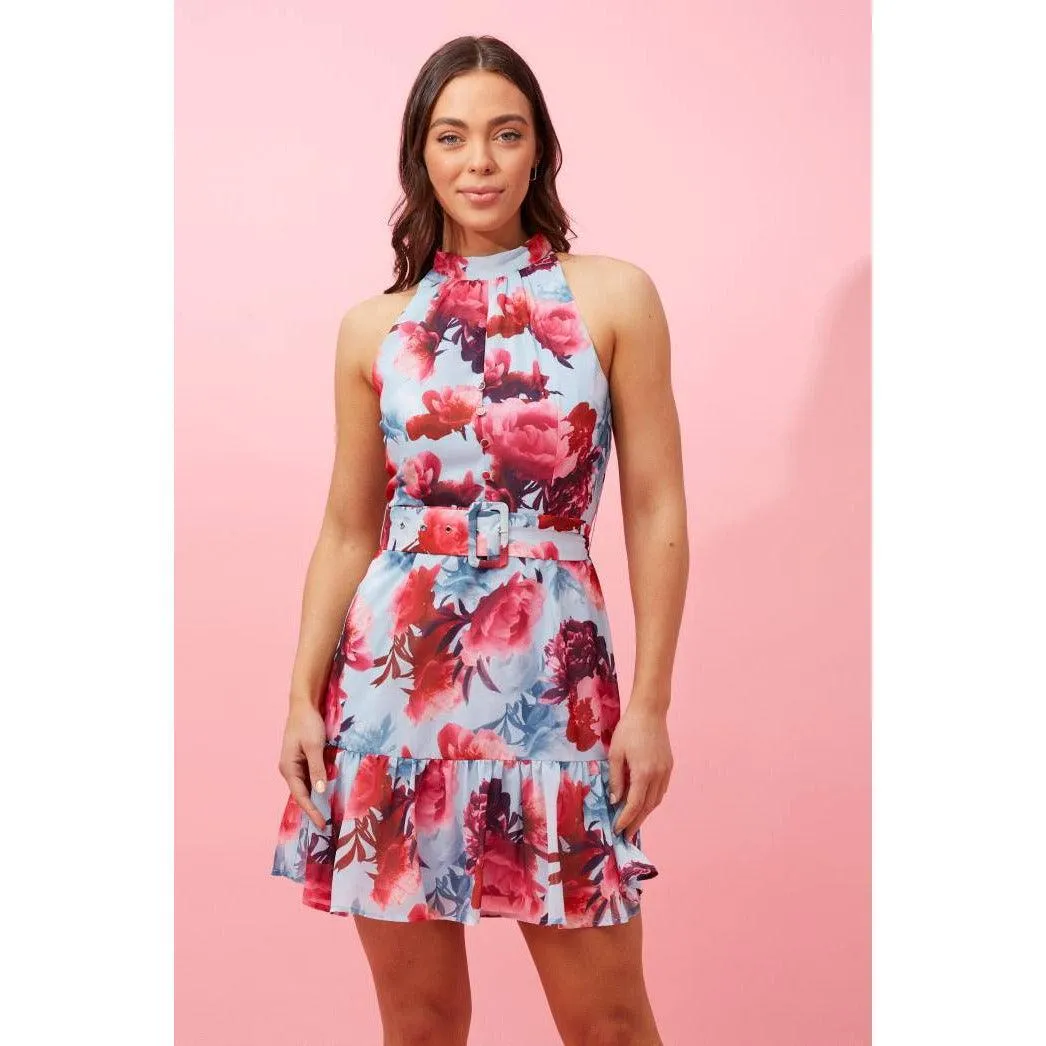 Halter Neck Dress With Belt Floral - Pink