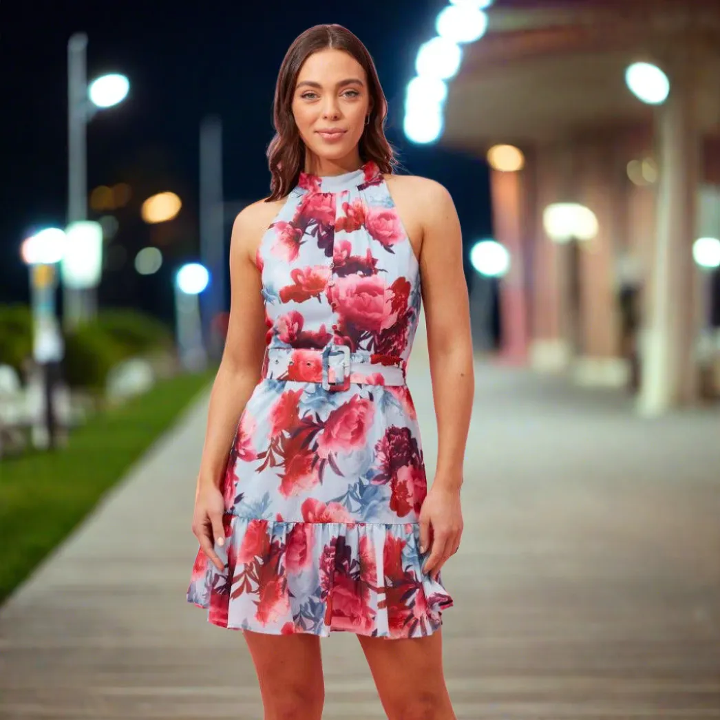 Halter Neck Dress With Belt Floral - Pink