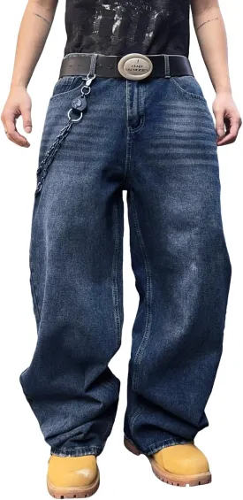 Hip Hop Baggy Jeans for Men Stylish Wide Leg Skater Jeans Loose Fit Denim Pants Streetwear