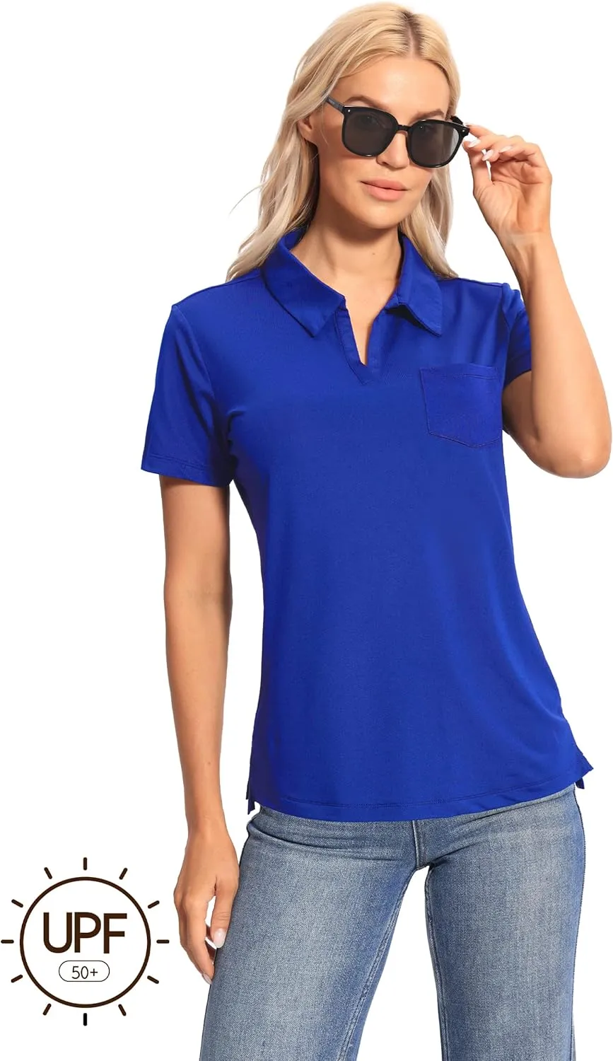 Hiverlay Women's Golf Shirt Short Sleeve V Neck Collar Polo Shirts Athletic Tennis Tops Lightweight Quick Dry UPF 50 