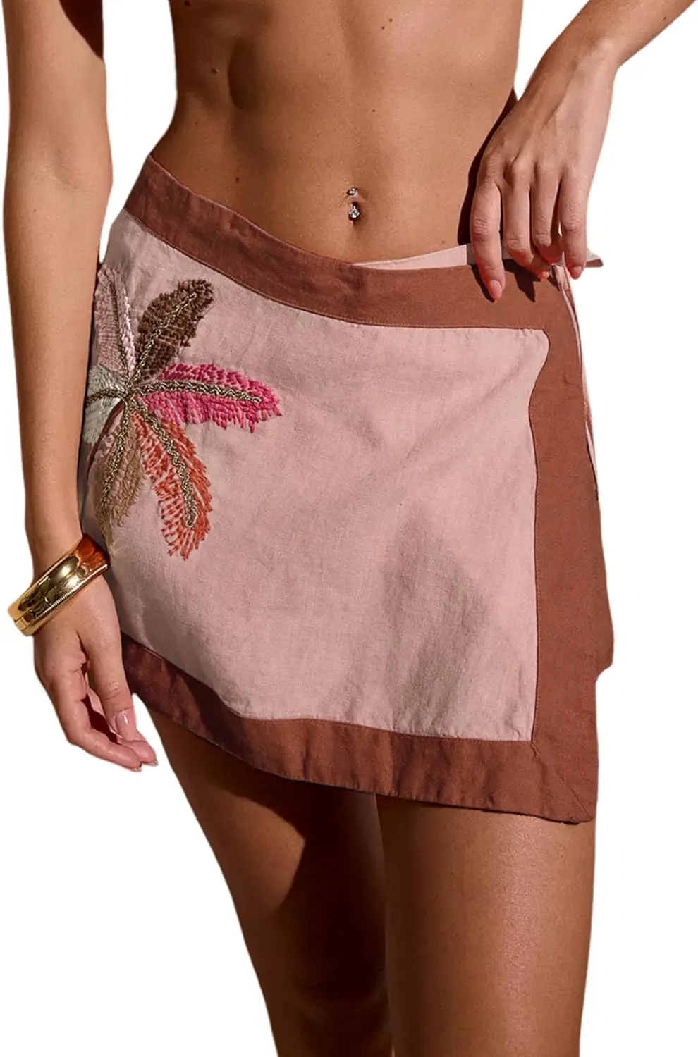 Huaqiao Women's Embroidered Wrap Mini Skirt Summer Cotton Linen Tie Side High Waist A Line Beach Boho Short Skirt