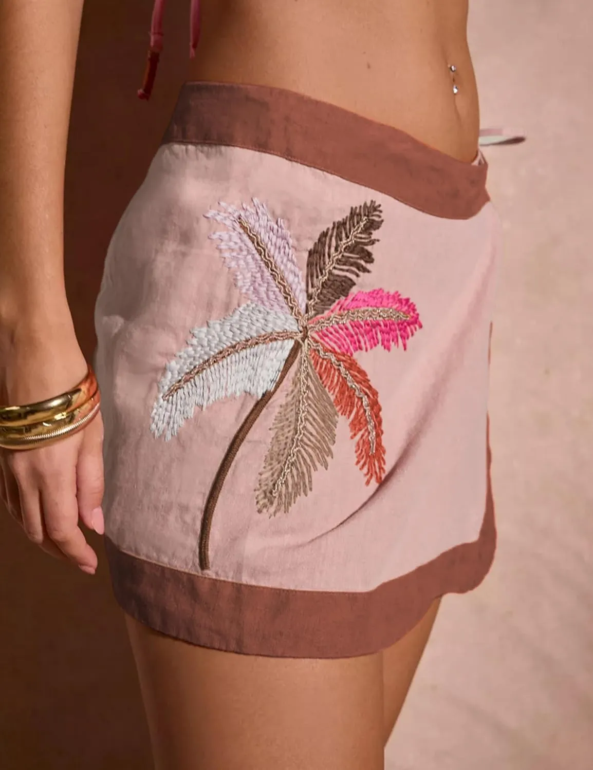 Huaqiao Women's Embroidered Wrap Mini Skirt Summer Cotton Linen Tie Side High Waist A Line Beach Boho Short Skirt