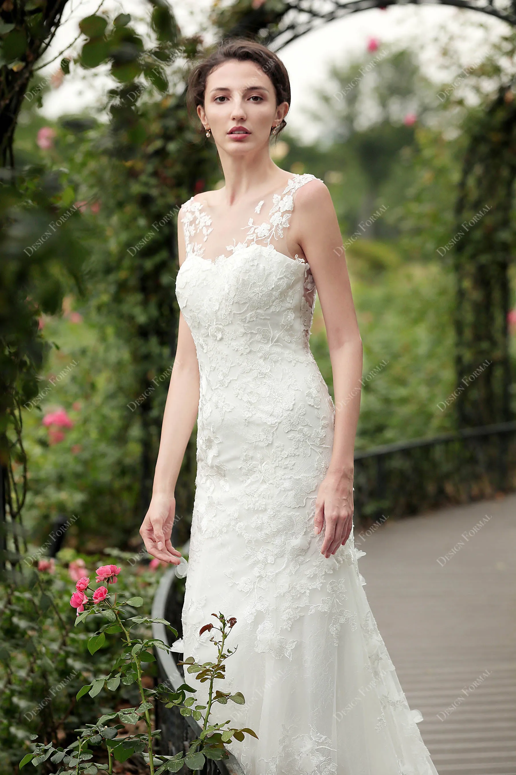 Illusion Neck Romantic 3D Floral Lace Mermaid Bridal Gown
