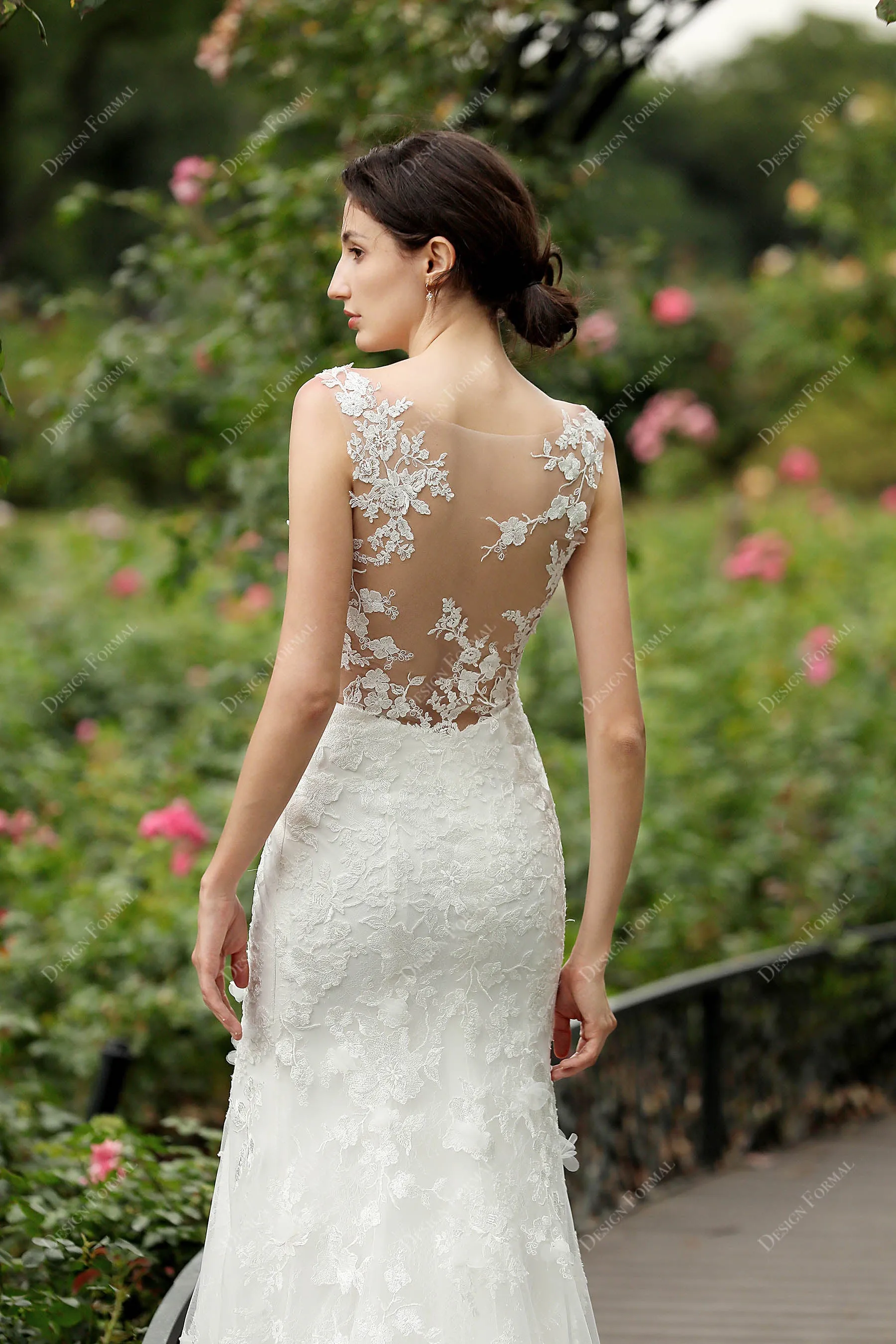 Illusion Neck Romantic 3D Floral Lace Mermaid Bridal Gown