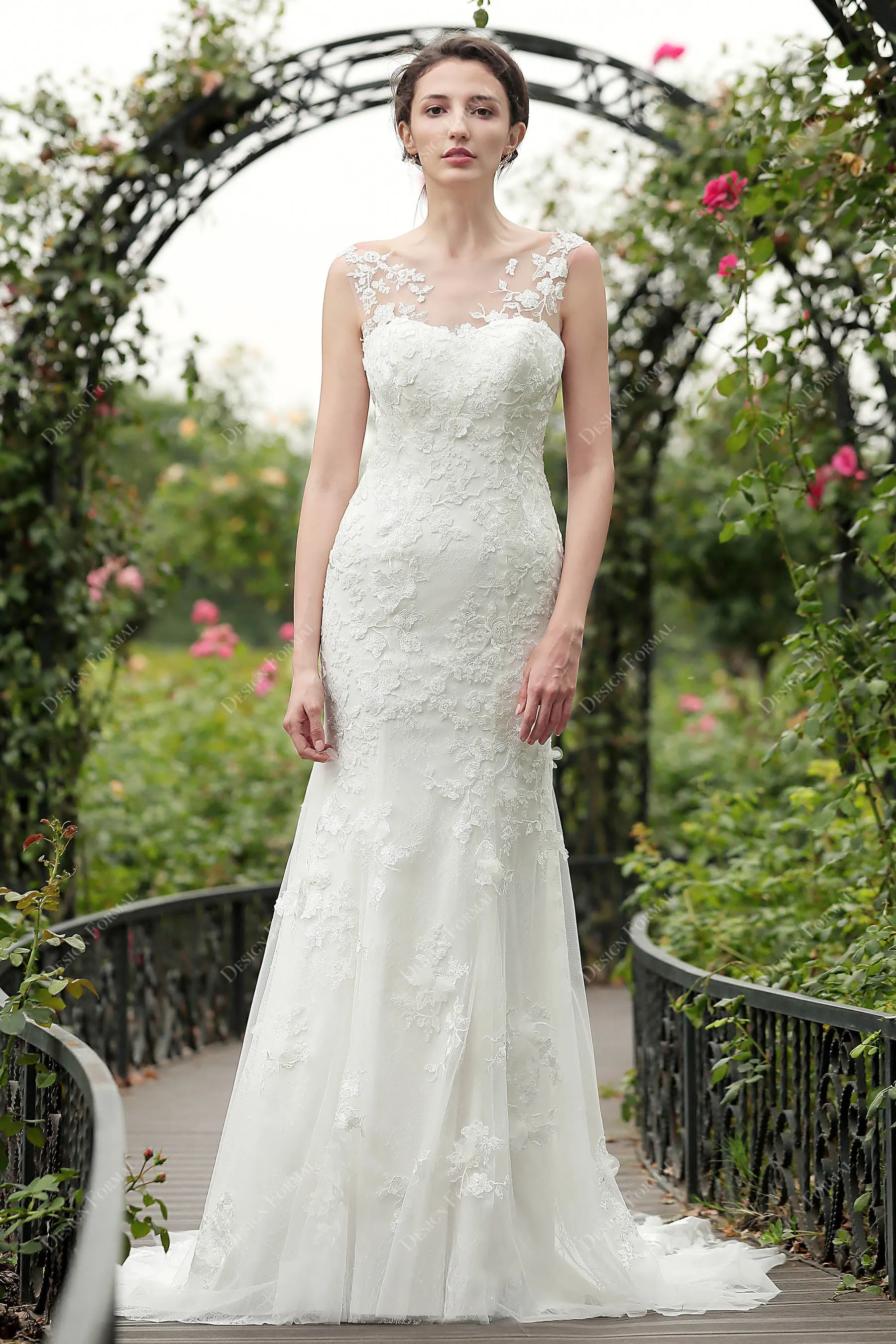 Illusion Neck Romantic 3D Floral Lace Mermaid Bridal Gown