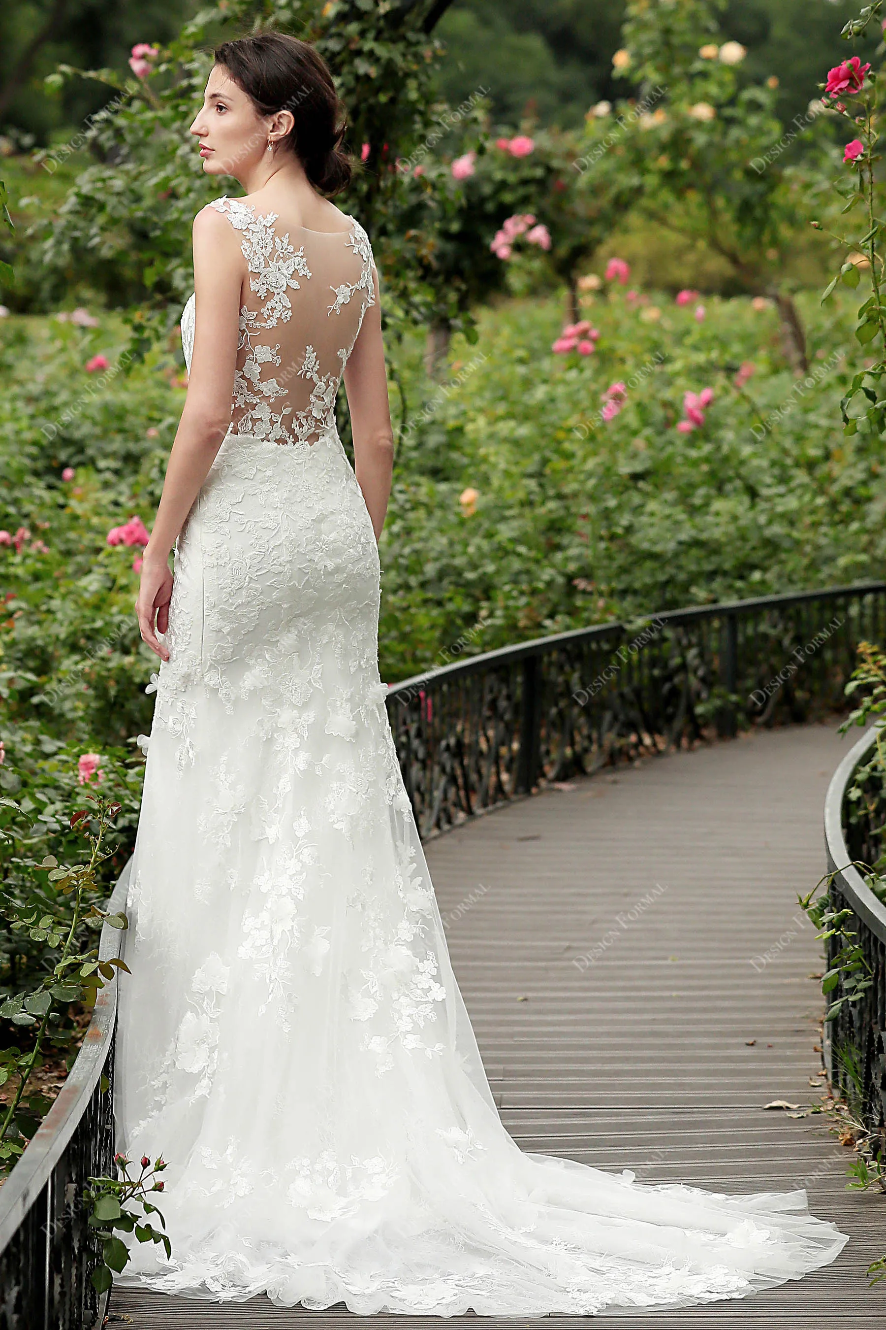 Illusion Neck Romantic 3D Floral Lace Mermaid Bridal Gown
